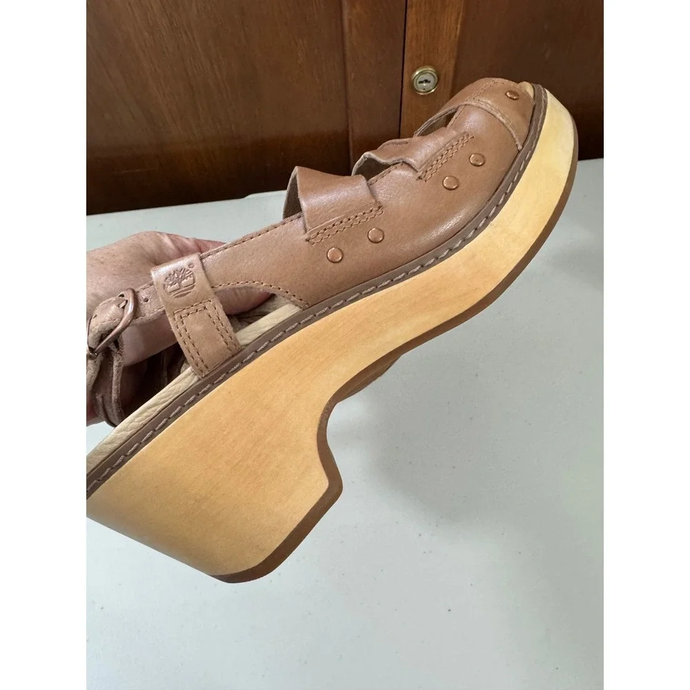 Timberland Earthkeepers Brown Leather Wood Wedge Sandals Womens 8 Boho Retro